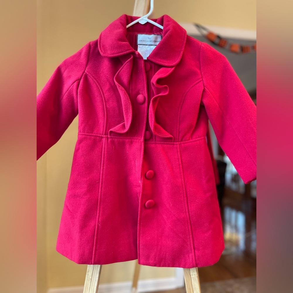 American Widgeon Boutique Girl’s Red Pea Coat with Ruffle